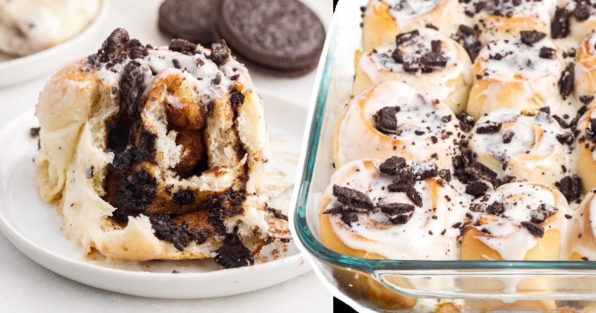 Cookies and Cream Cinnamon Rolls in a baking dish and a piece on a plate