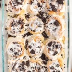 Cookies and Cream Cinnamon Rolls in a baking dish