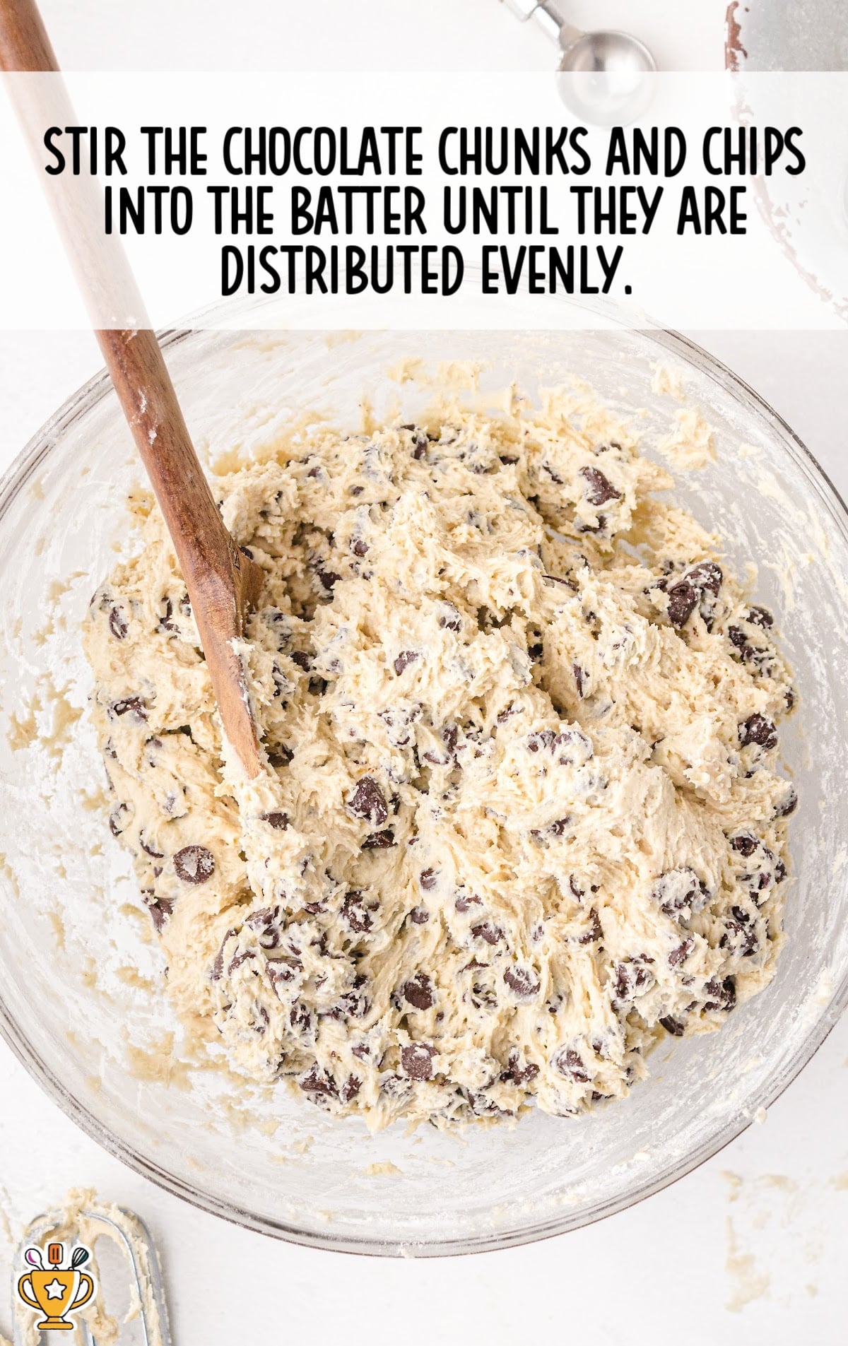 chocolate chunks and chips stirred into the bowl