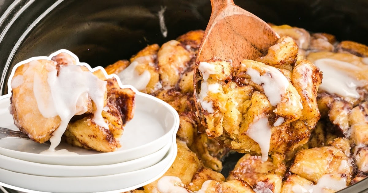 Crockpot Cinnamon Roll Casserole on a plate and in a crockpot
