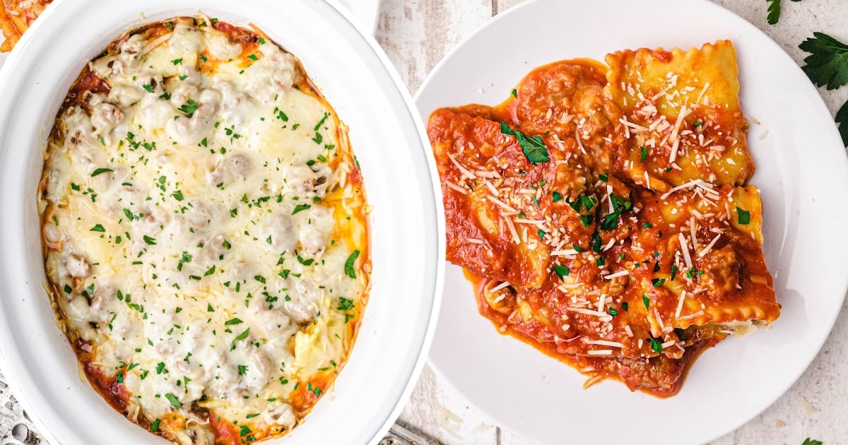 Crockpot Lasagna in a crockpot and on a plate