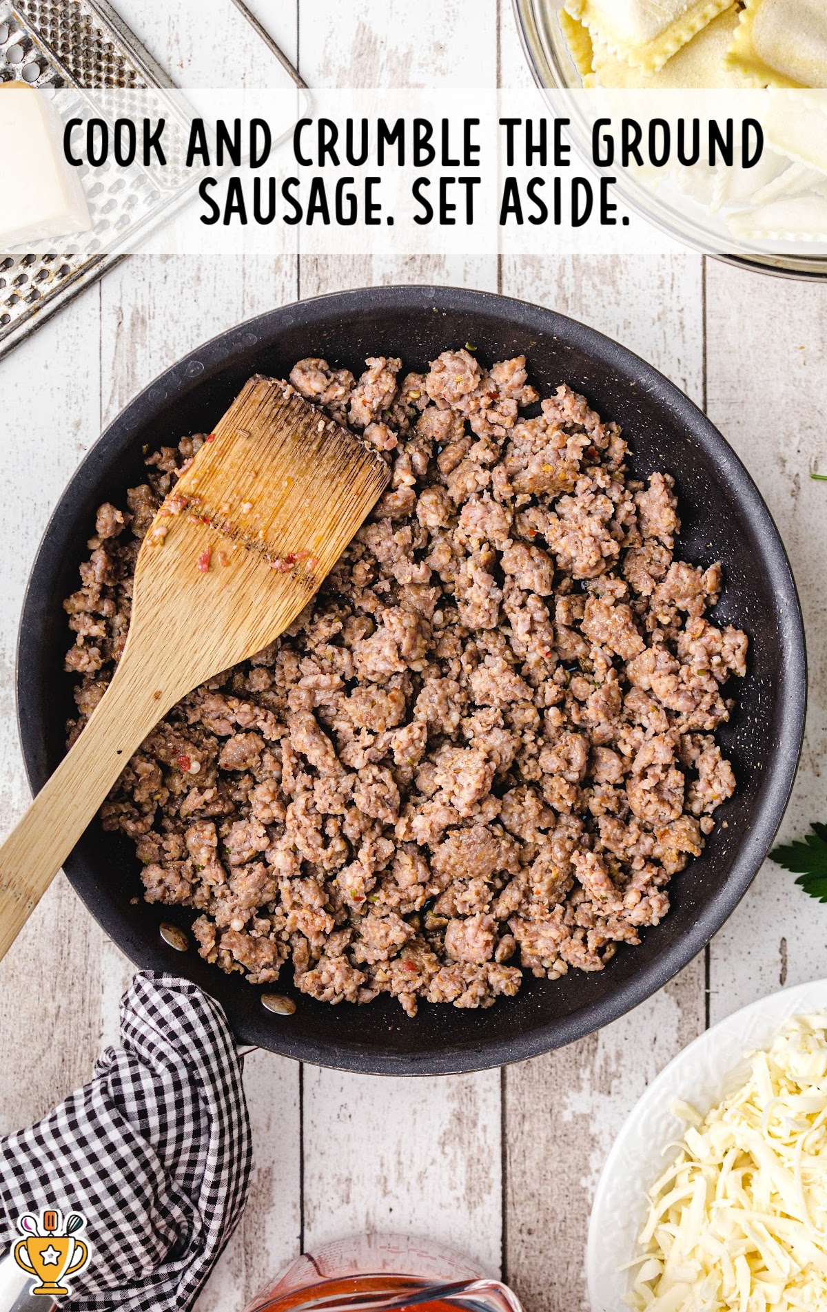 ground sausage added in a skillet and cooked