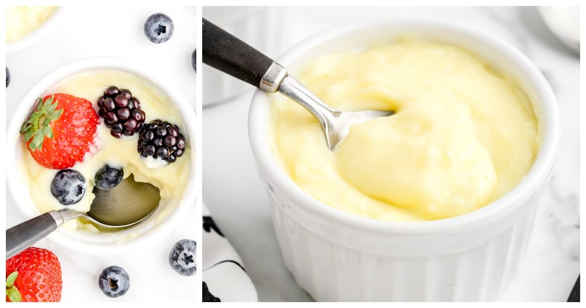 Custard in a bowl next to another bowl of Custard with berries and a spoon inside