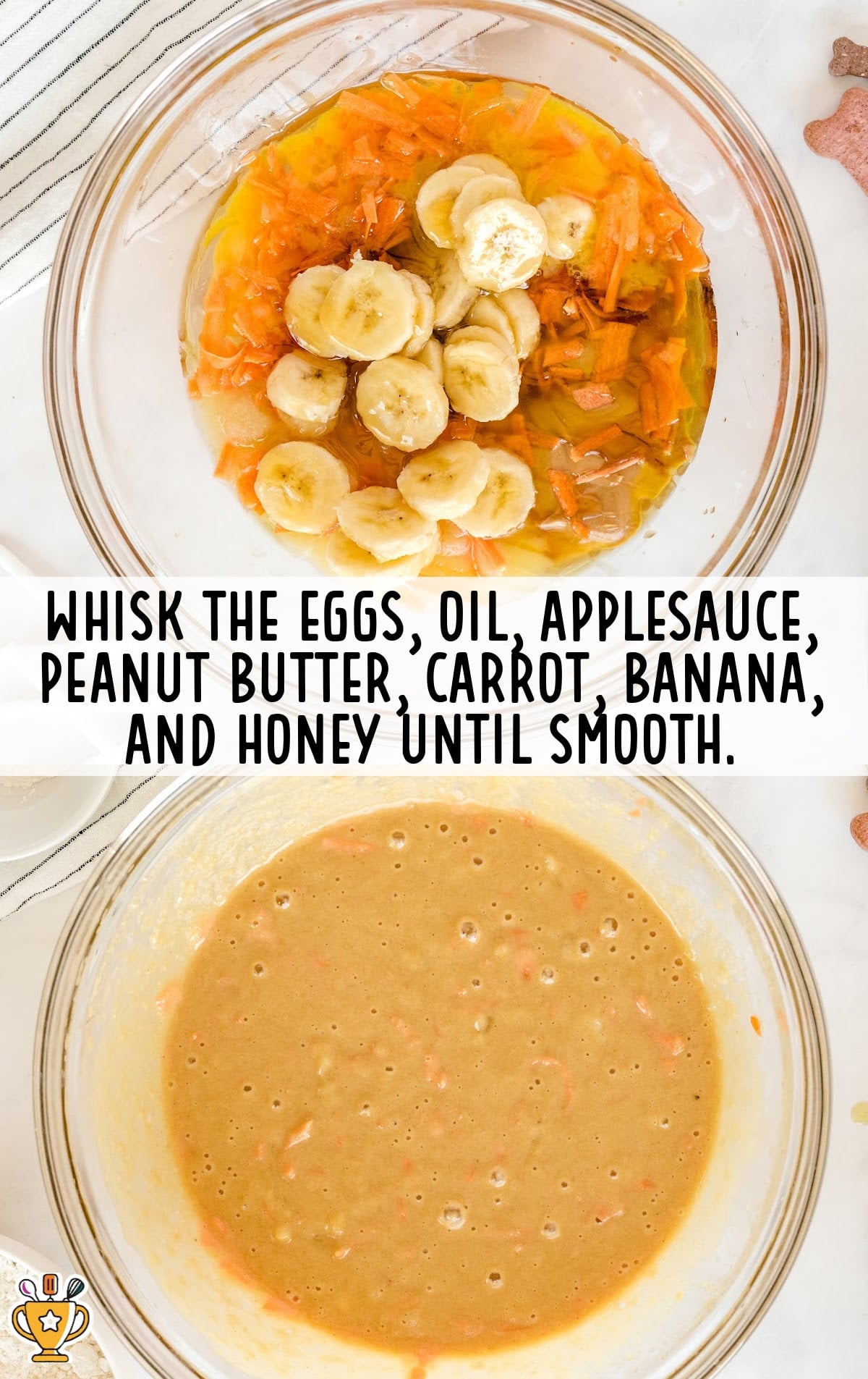 eggs, oil, applesauce, peanut butter, carrot, banana and honey mixed in a bowl