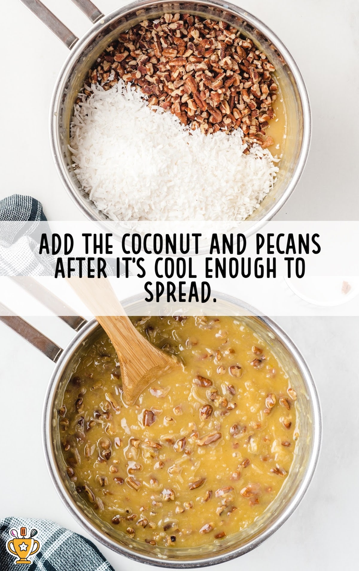 coconut and pecans added in a pan