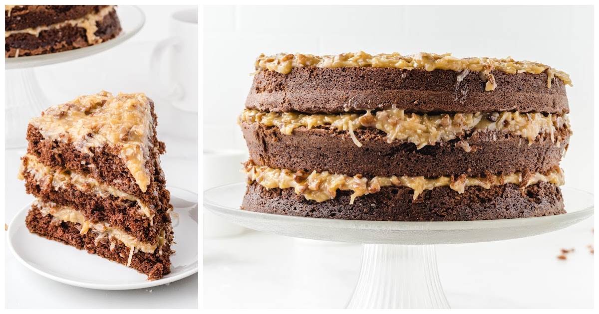 a slice of German Chocolate Cake on a dessert plate and a German Chocolate Cake on a cake stand