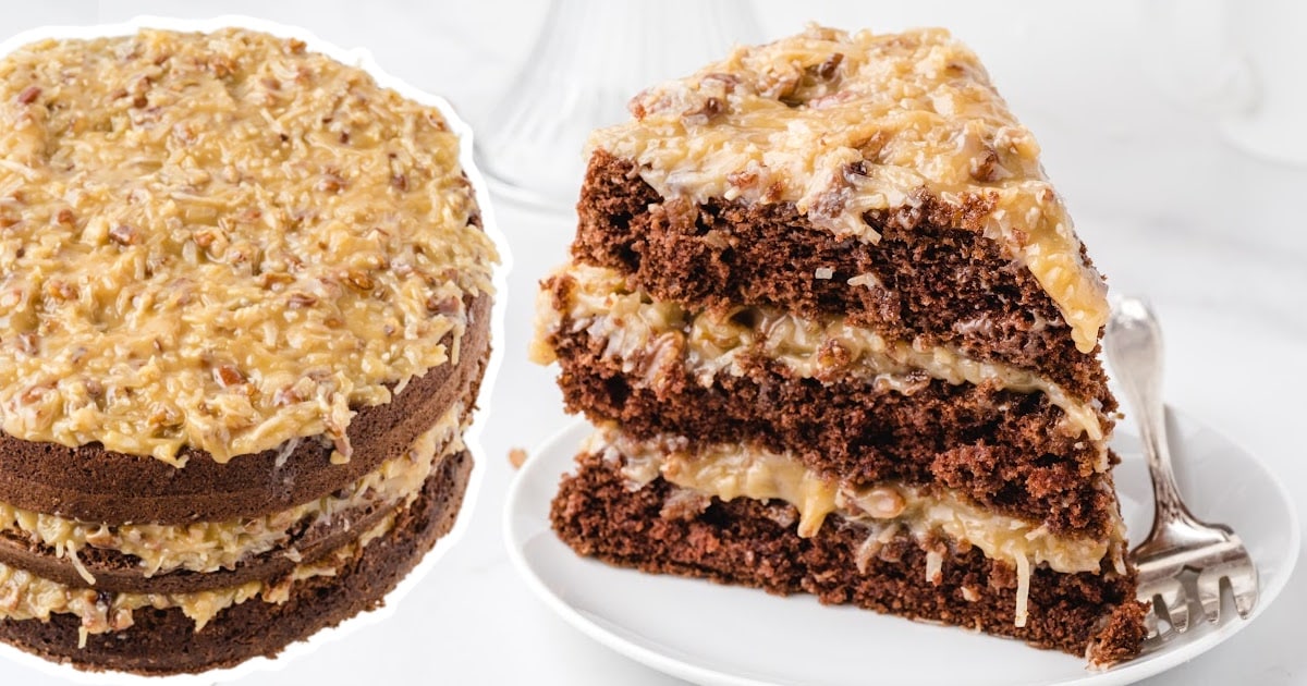 a slice of German Chocolate Cake on a dessert plate and a German Chocolate Cake