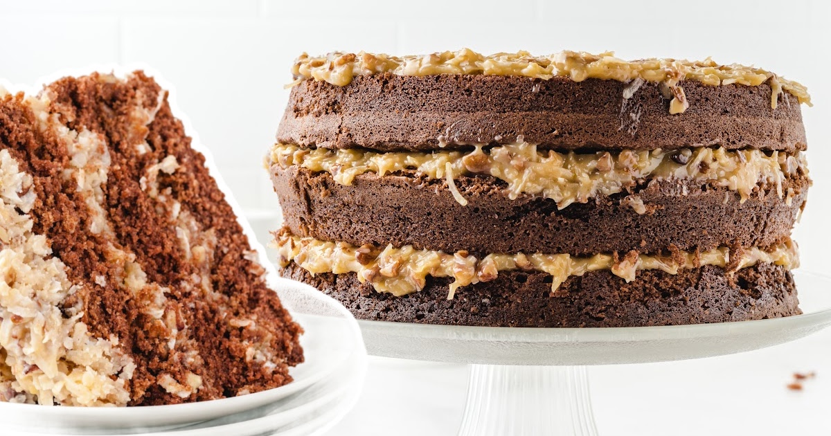 a slice of German Chocolate Cake on a plate and a German Chocolate Cake on a cake stand