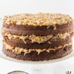 German Chocolate Cake on a cake stand