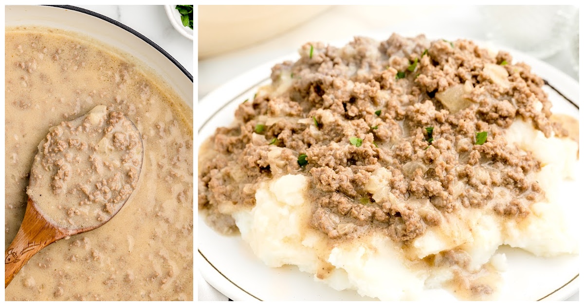 a plate full of Hamburger Gravy served with mashed potatoes and some in a skillet