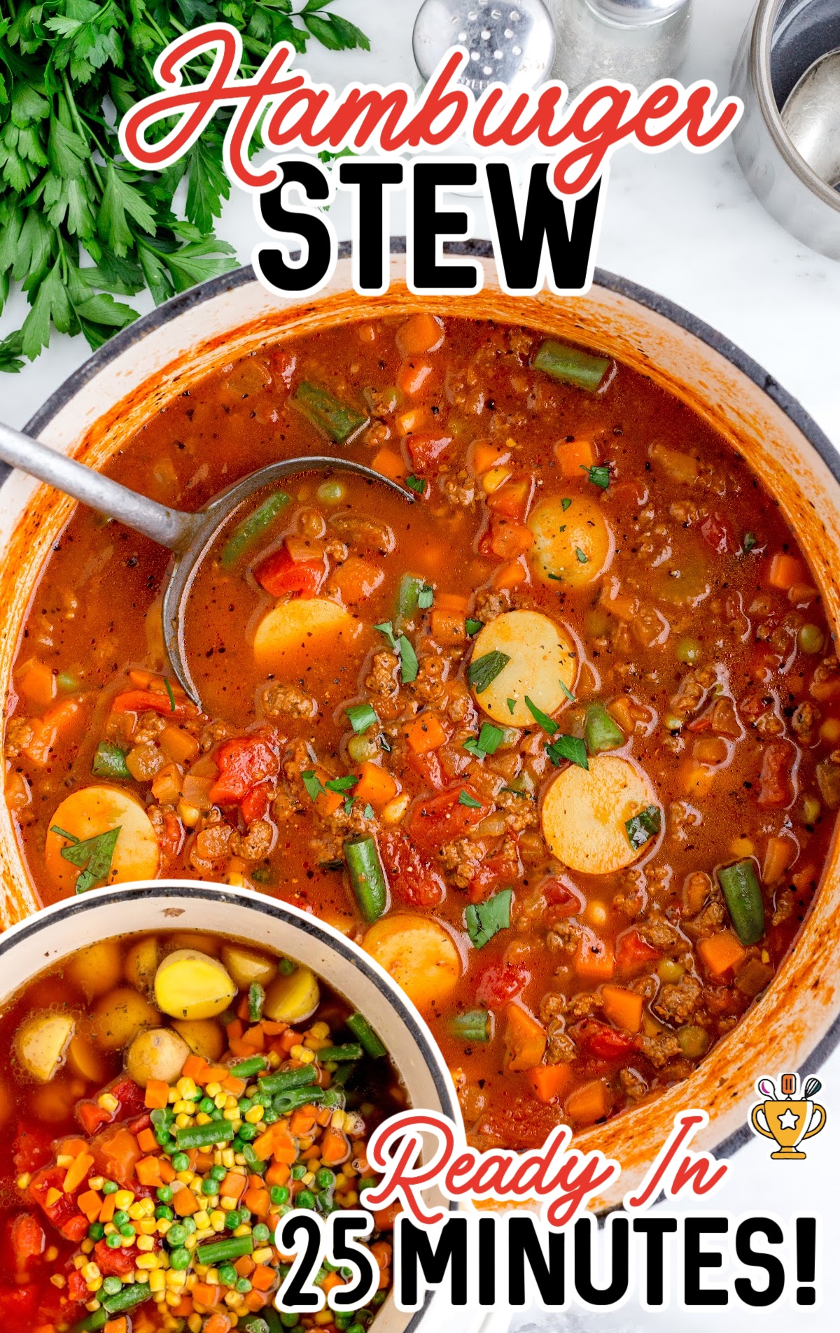 A Dutch oven full of a yummy hamburger stew.