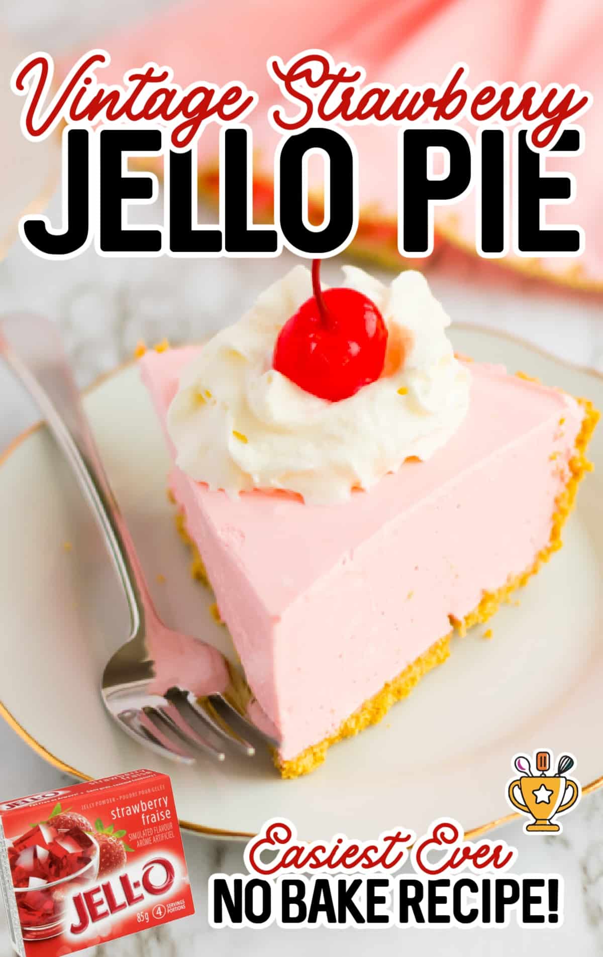 a piece of Strawberry Jello Pie on a white plate with a fork