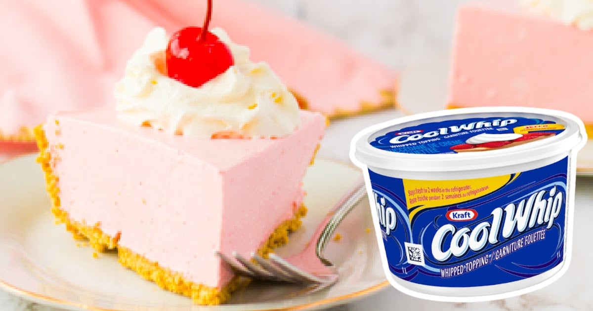 a piece of Strawberry Jello Pie on a plate with a fork and a jar of cool whip