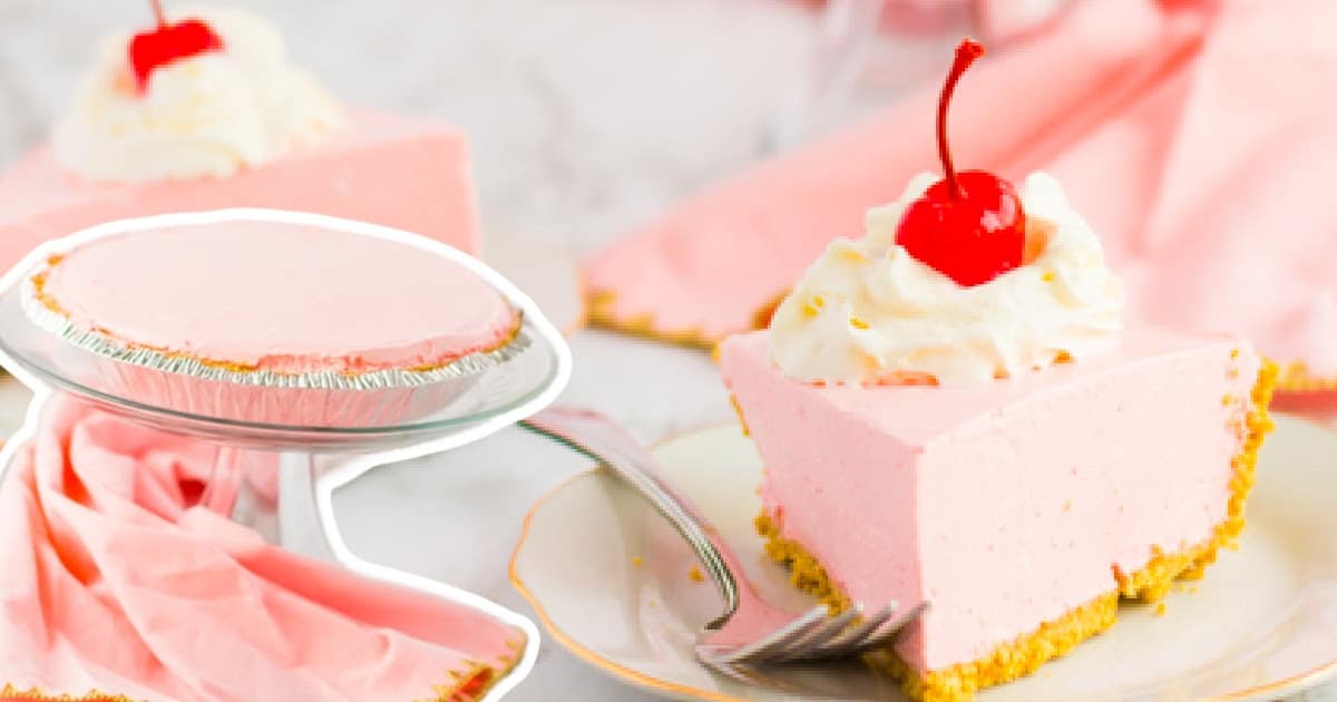 a piece of Strawberry Jello Pie on a plate with a fork