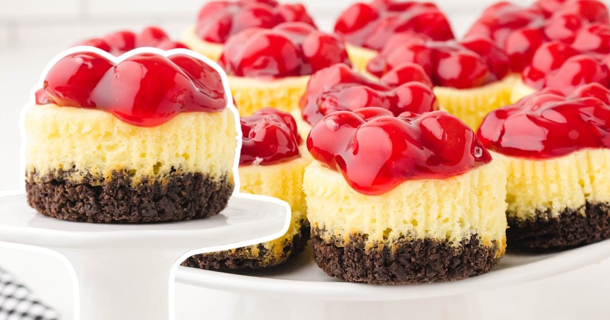 a bunch of Mini Cherry Cheesecakes, one on a cake stand