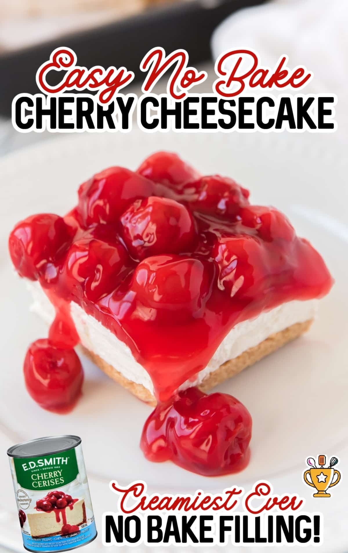 a piece No Bake Cherry Cheesecake on a plate