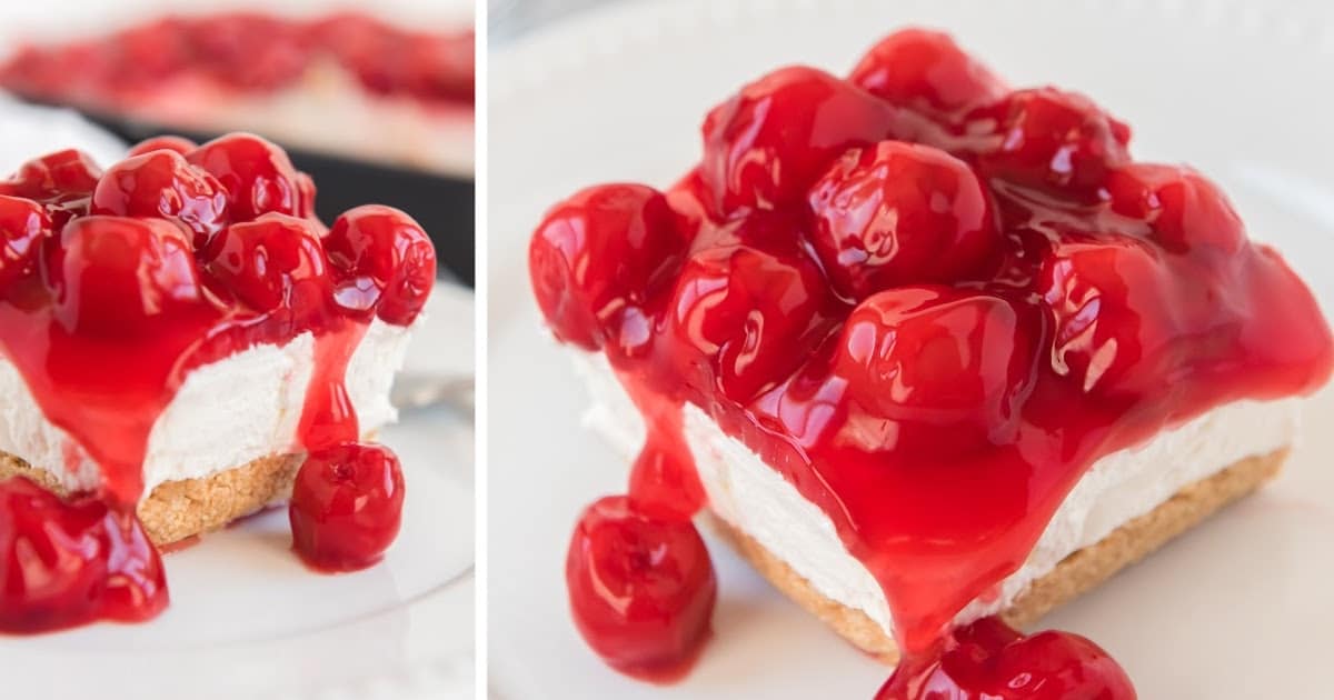 pieces of No Bake Cherry Cheesecake on plates
