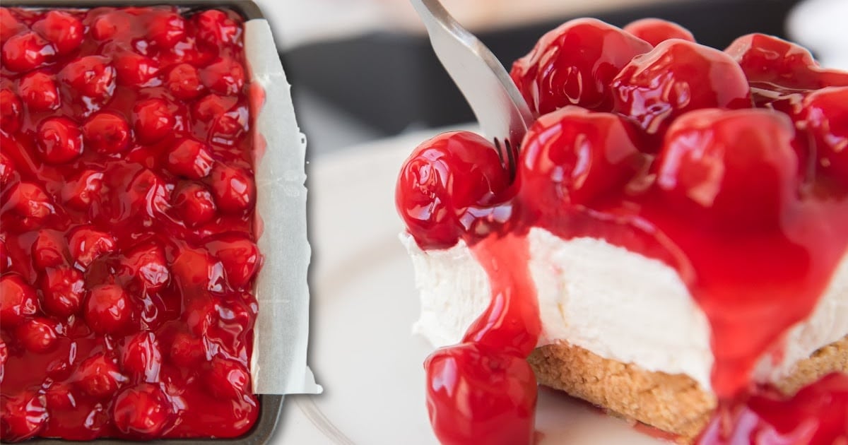 a piece of No Bake Cherry Cheesecake