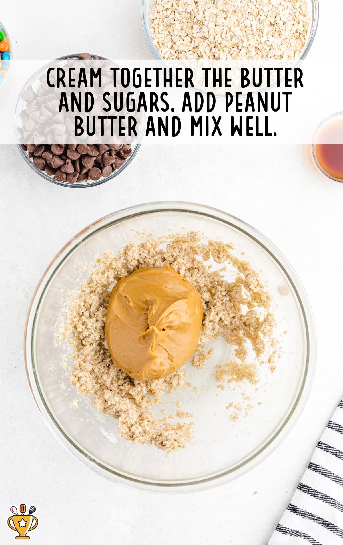 butter, peanut butter and sugars added in a bowl