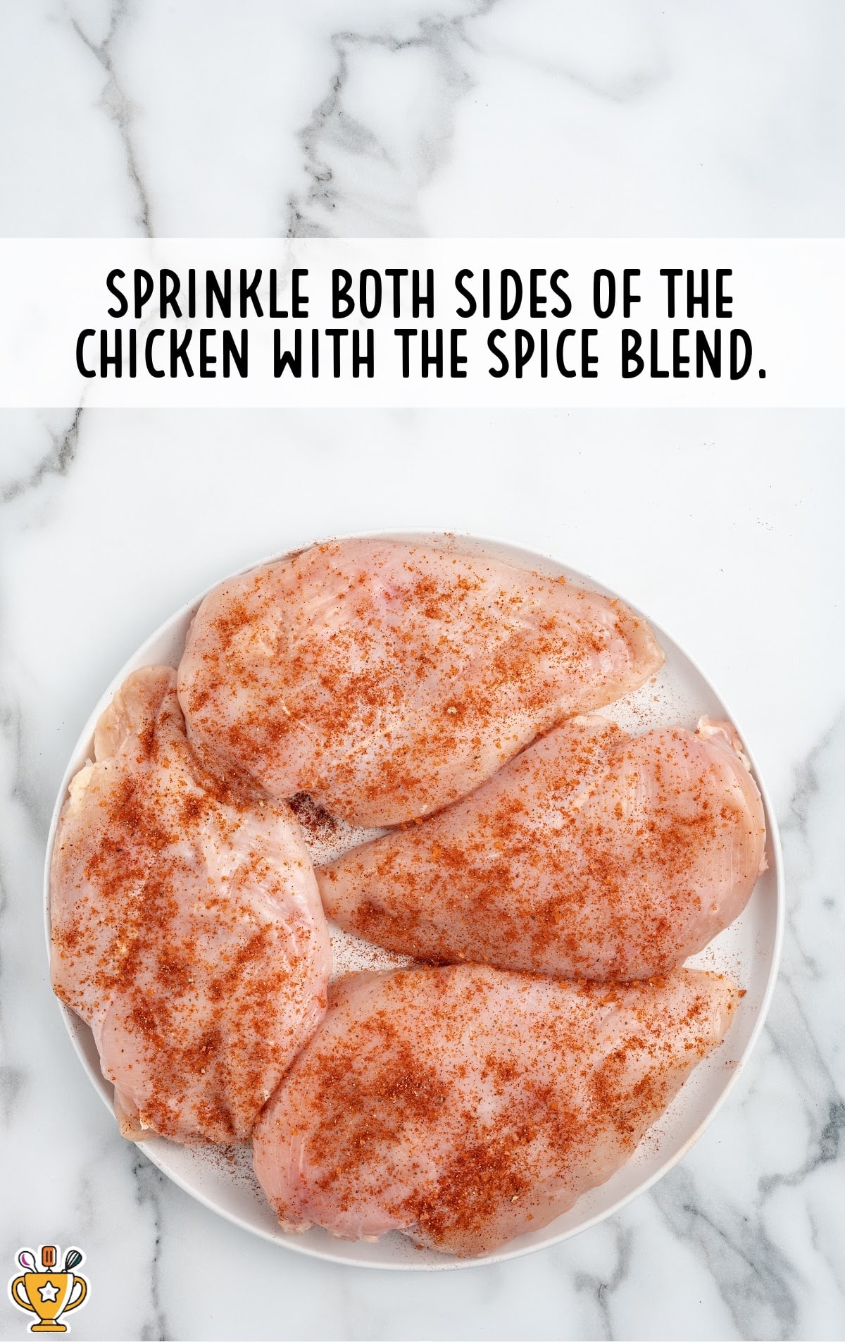 four pieces of uncooked chicken with spice blend on a white plate