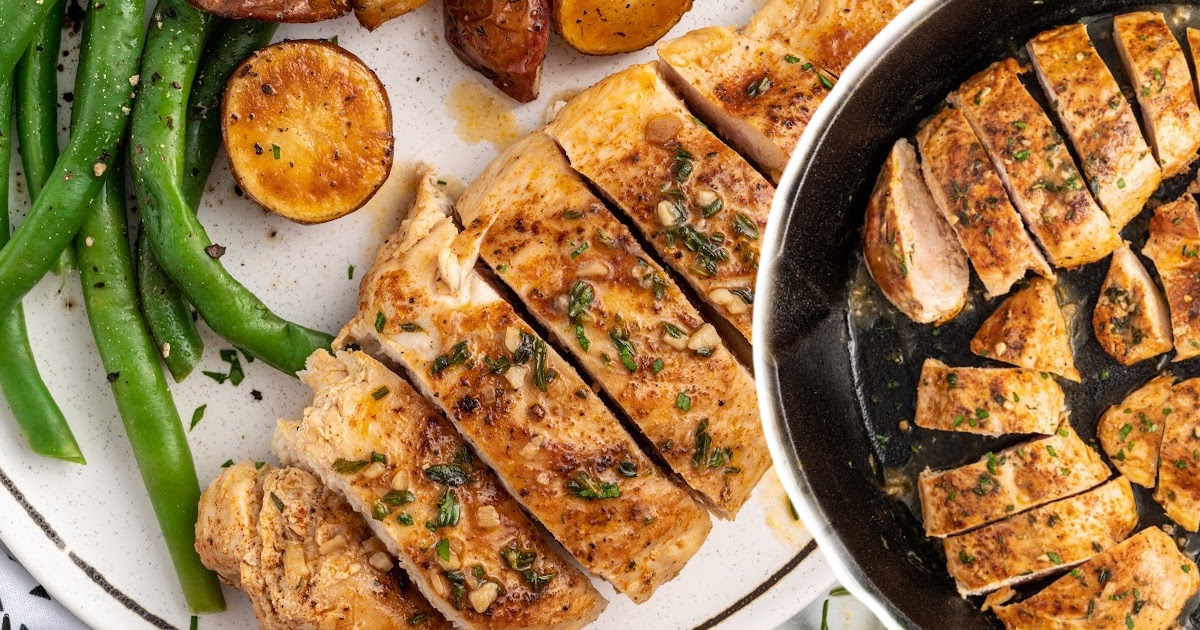 Pan Seared Chicken with strips on a plate and in a skillet