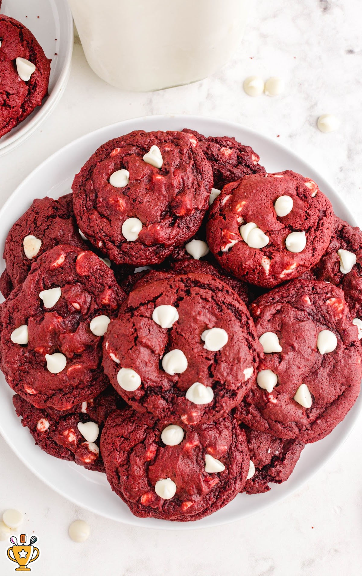 a bunch of Red Velvet Cookies on a white plate