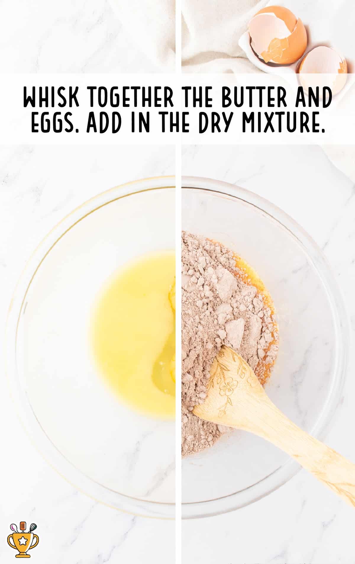 whisking together butter and eggs in a bowl