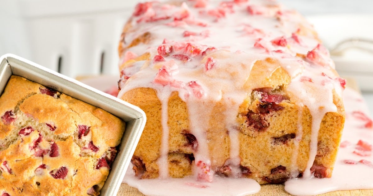 Strawberry Bread on a wooden board and in a baking tin