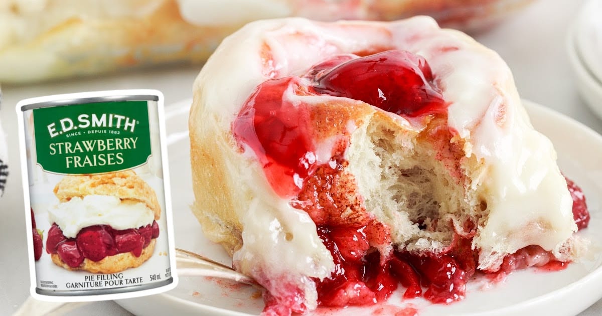 a piece of Strawberry Cinnamon Rolls with a can of pie filling on the side