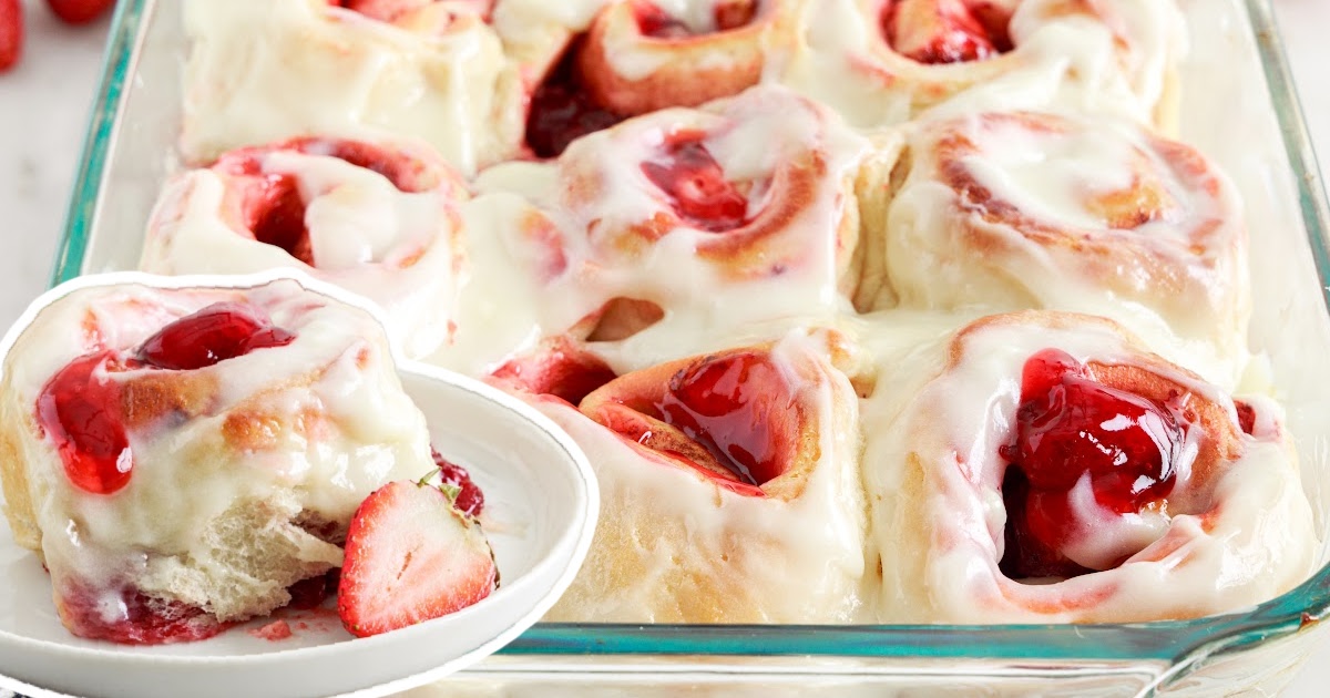 Strawberry Cinnamon Rolls in a baking dish