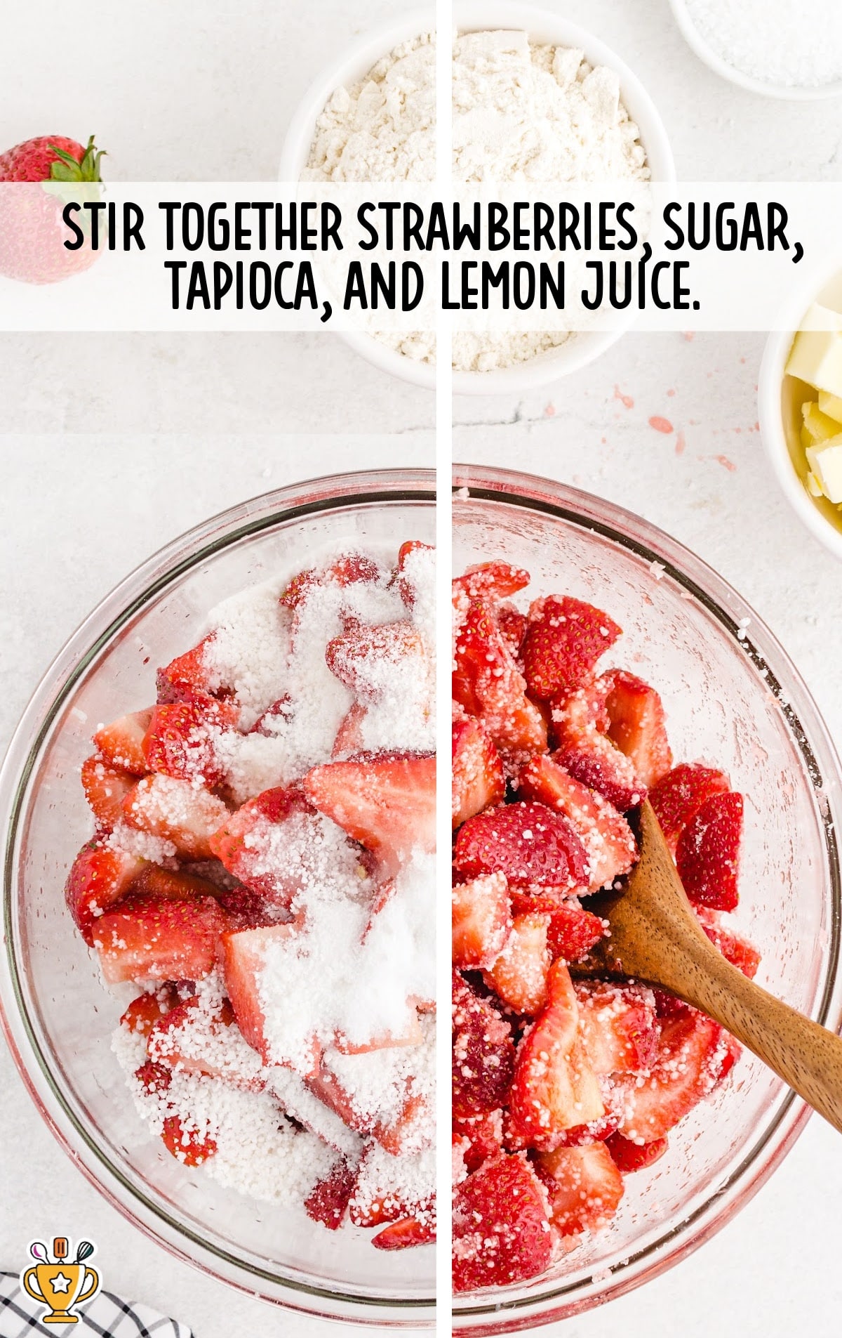 stirring together strawberries, sugar, tapioca and lemon juice in a clear bowl with a wooden spoon