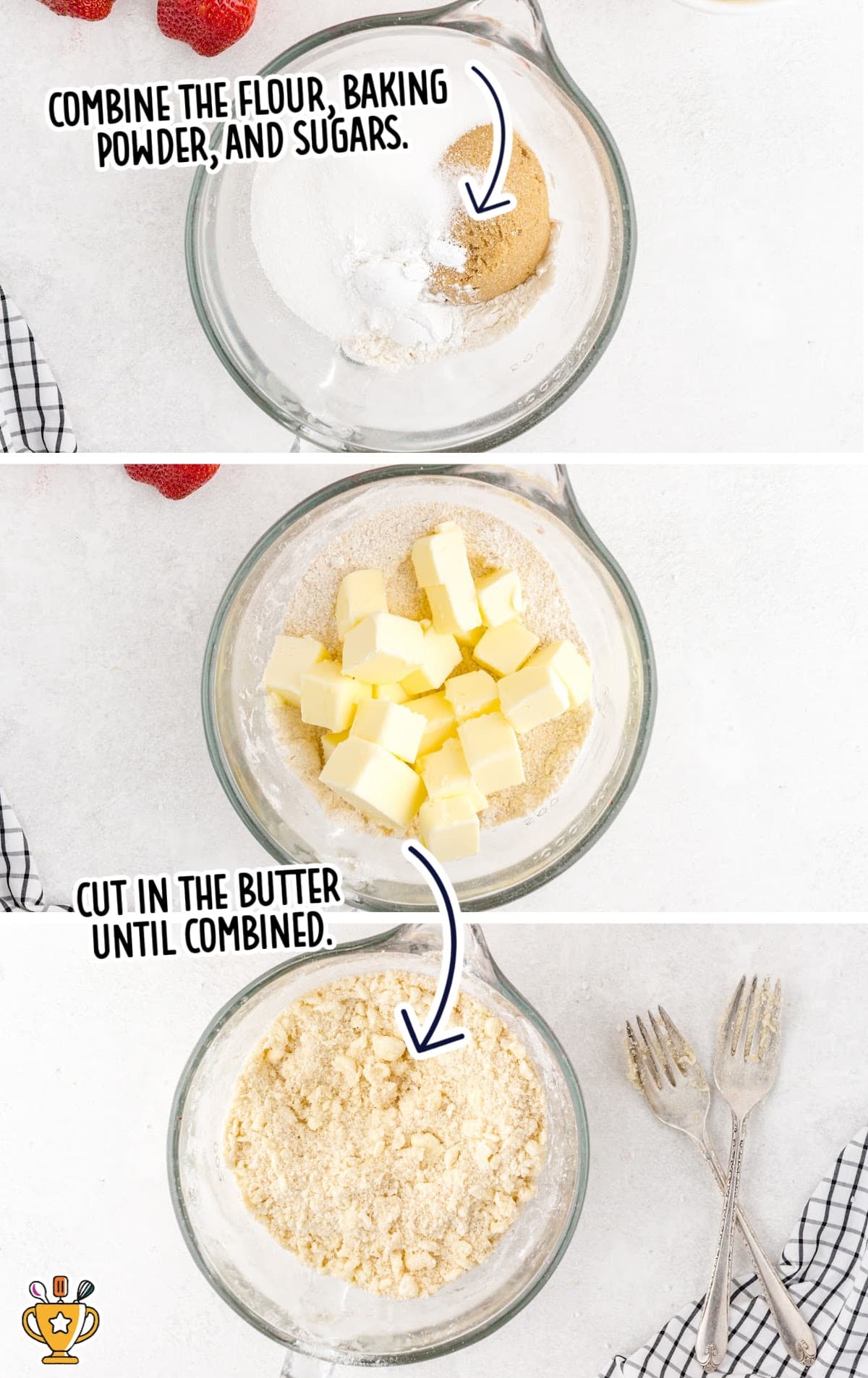 combining flour, baking powder and sugar, cutting in the butter in a bowl