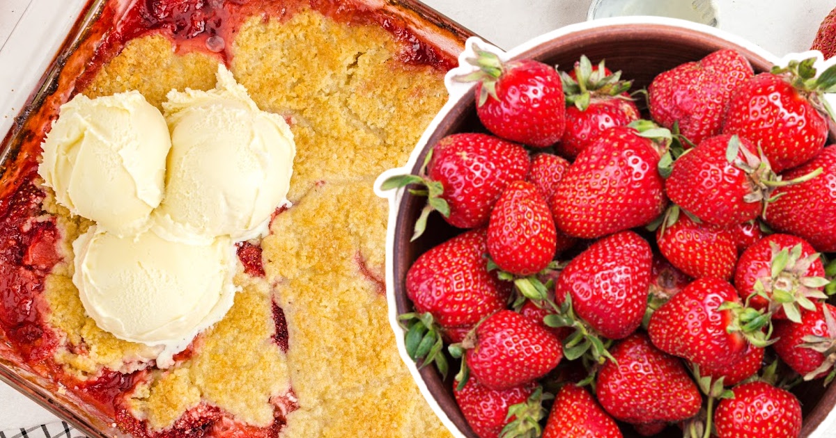 Strawberry Cobbler in a baking dish and a bowl full of strawberries on the side
