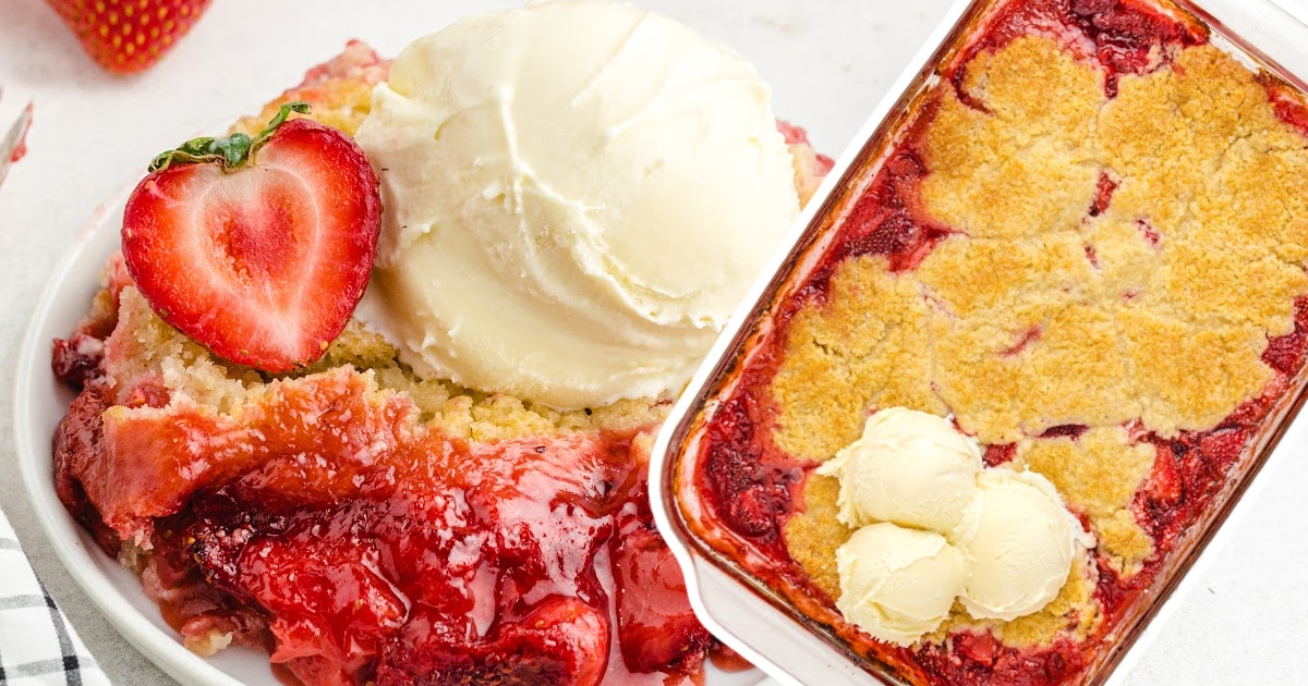 Strawberry Cobbler on a plate and in a baking dish