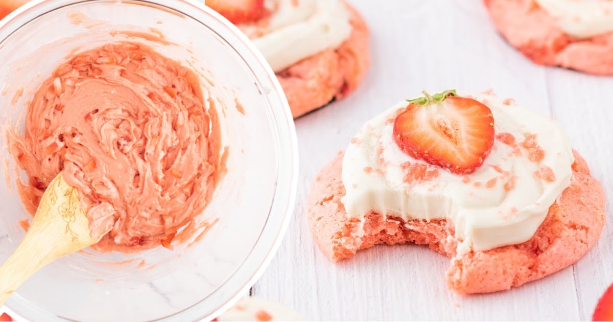 A Strawberry Cookie with Cream Cheese Frosting on a white plate next to a bowl of cookie dough.