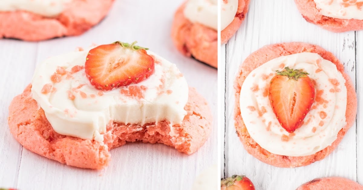 A Strawberry Cookie with a bite out of it.