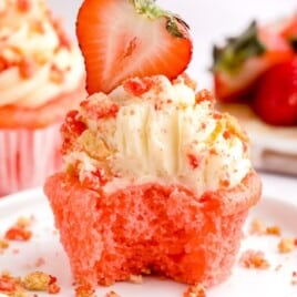 a Strawberry Crunch Cupcake on a plate