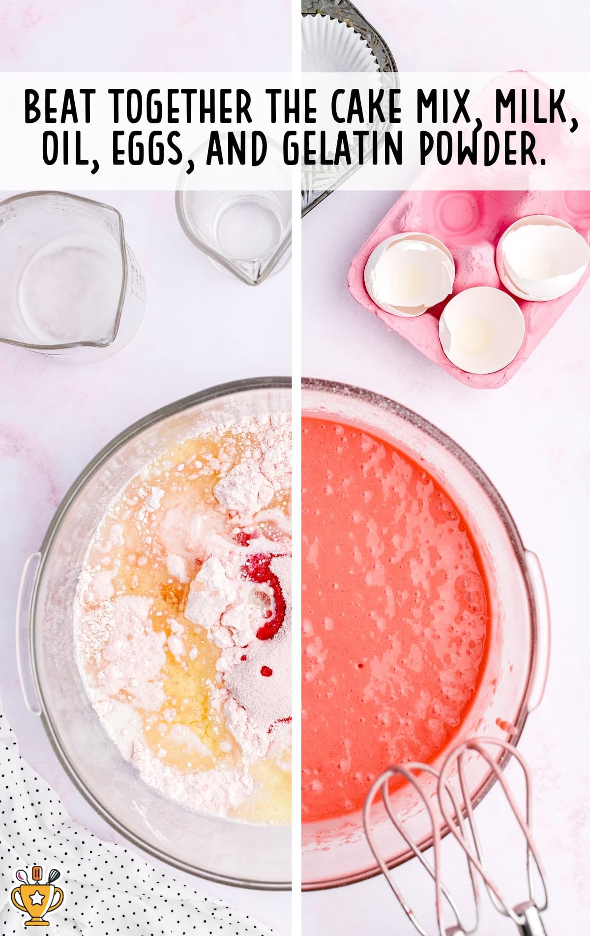 cake mix, milk, oil, eggs and gelatin added in a bowl