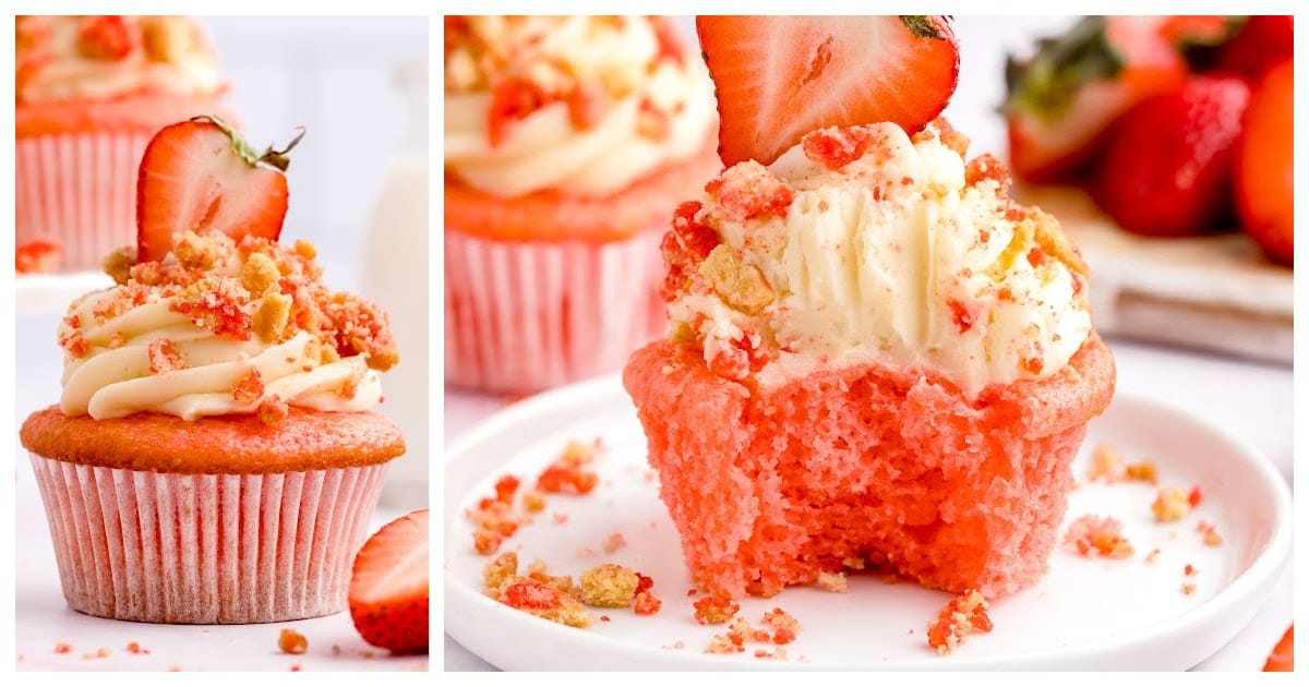 a Strawberry Crunch Cupcake on a plate with a bite on it