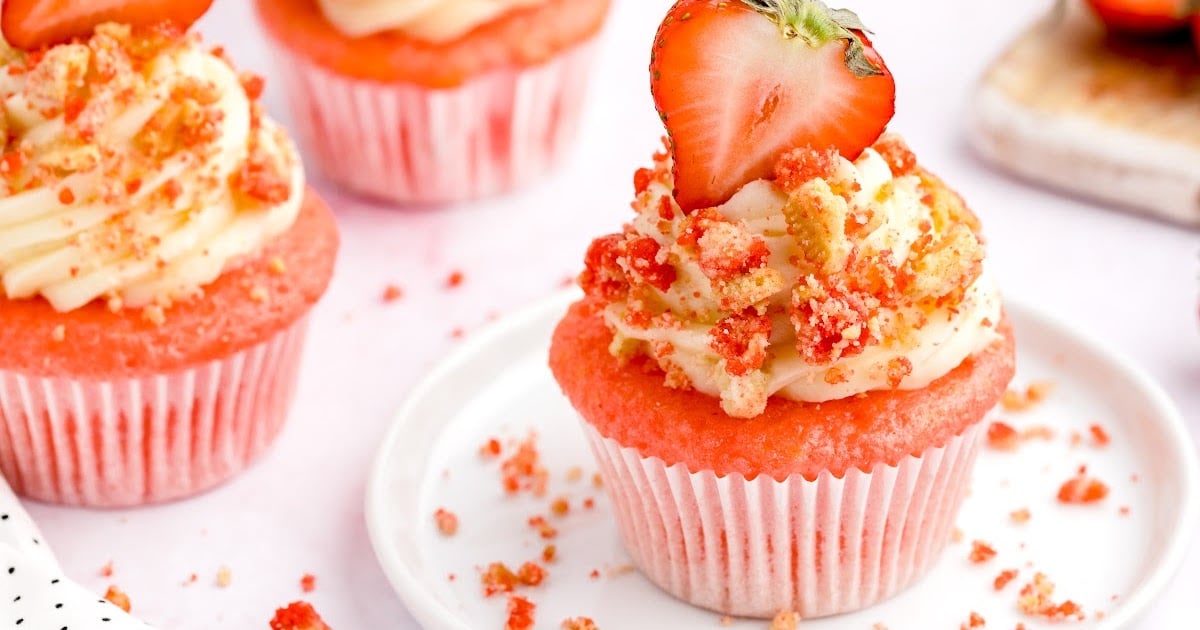 a Strawberry Crunch Cupcake on a plate