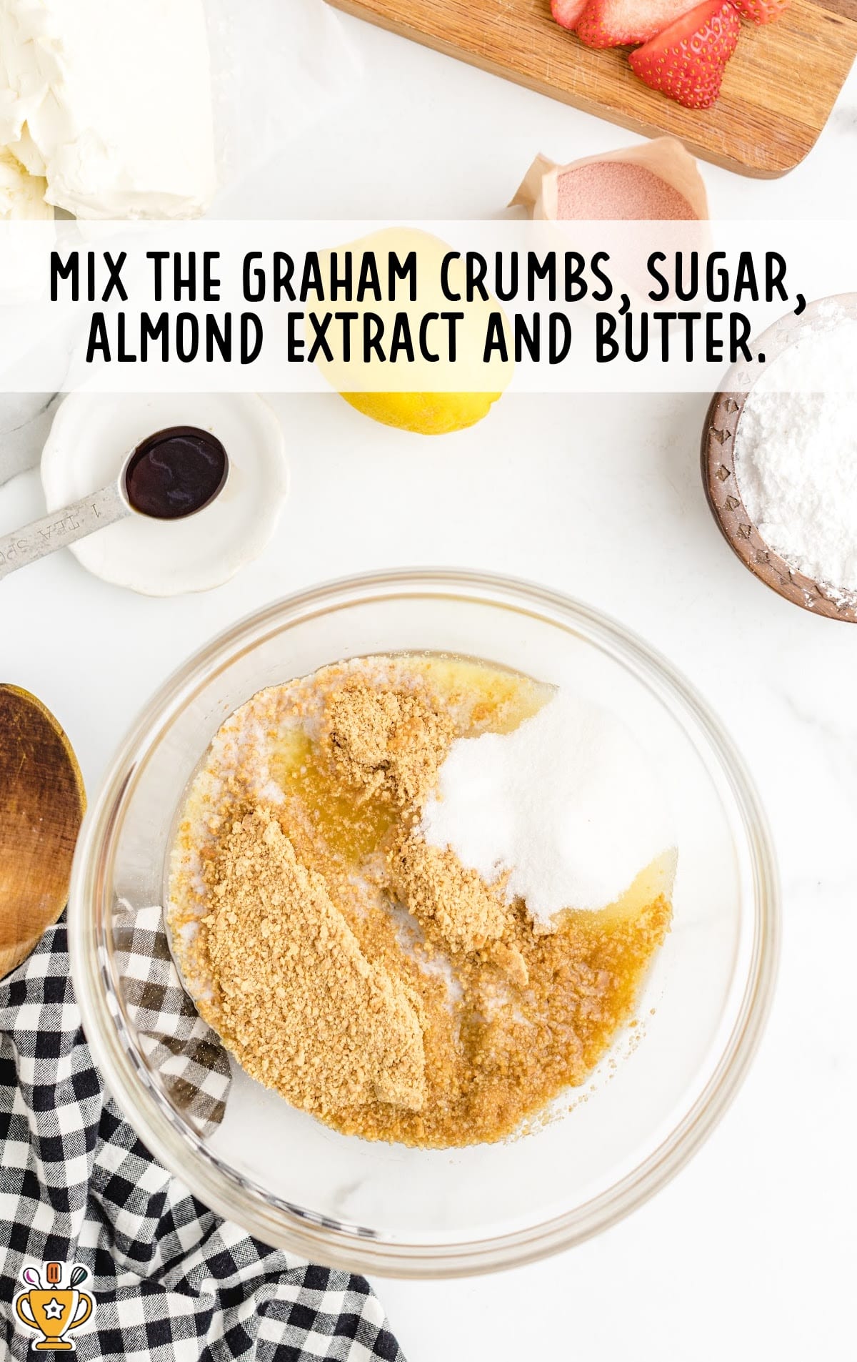 graham crumbs, sugar, almond extract and butter mixed in one bowl