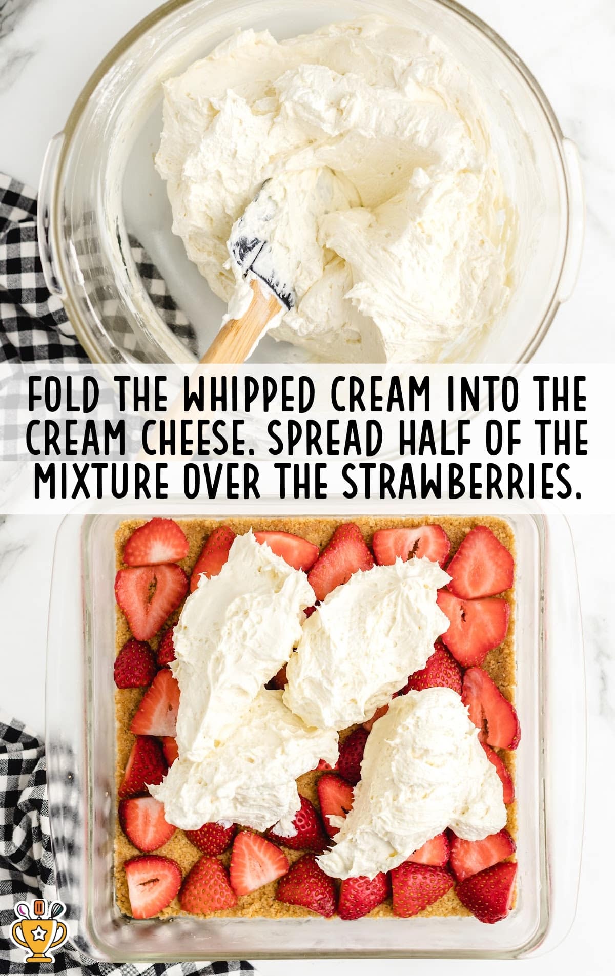 whipped cream mixed with cream cheese and half the mixture spread over the strawberries