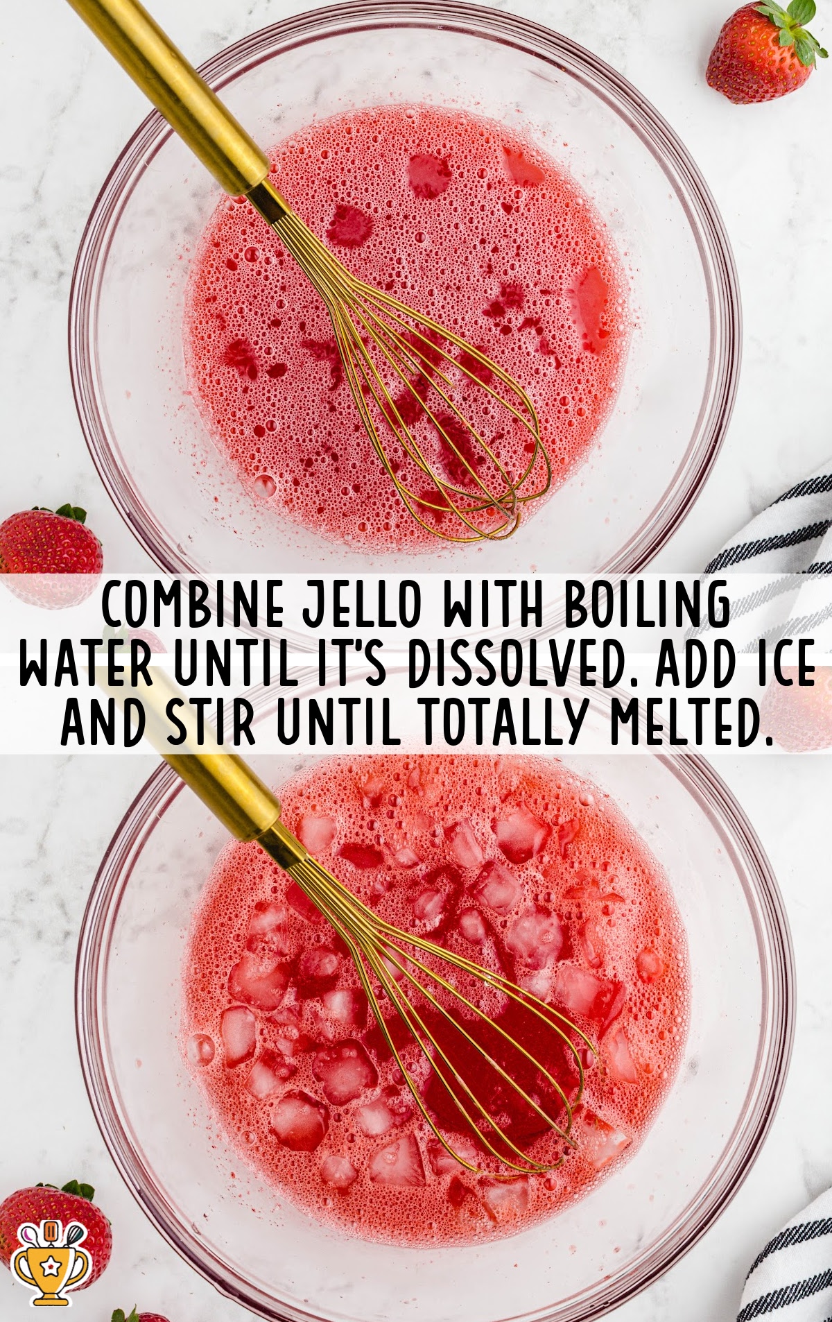 jello combined with water in a bowl with a whisker in it
