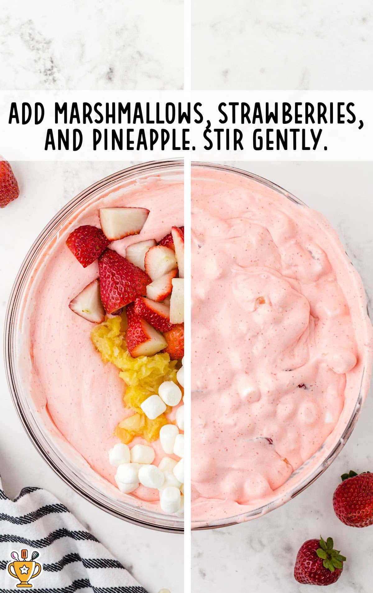 marshmallows, strawberries and pineapple added in a bowl
