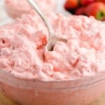 Strawberry Fluff in a bowl with a spoon