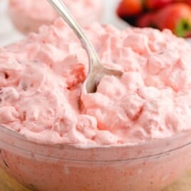 Strawberry Fluff in a bowl with a spoon