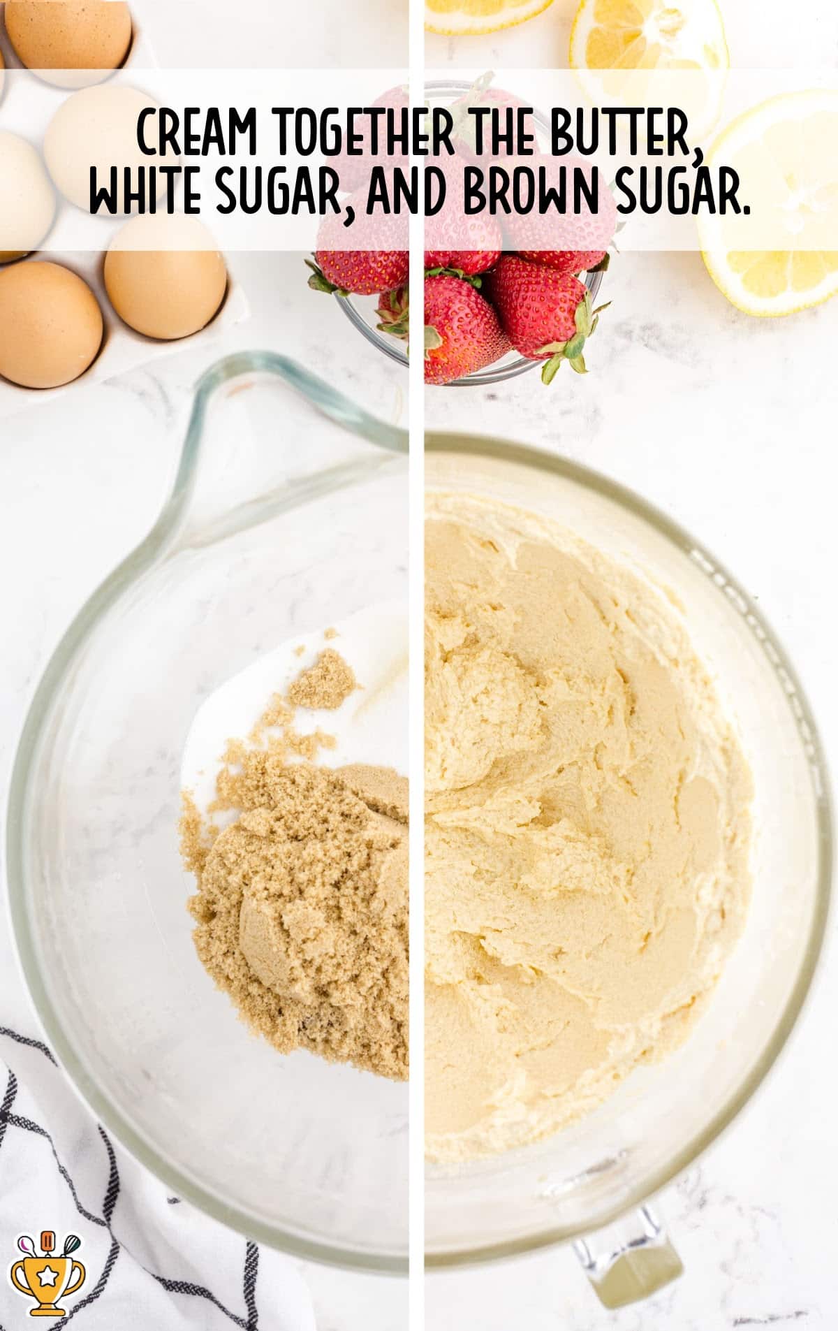 butter, white sugar and brown sugar added in a bowl