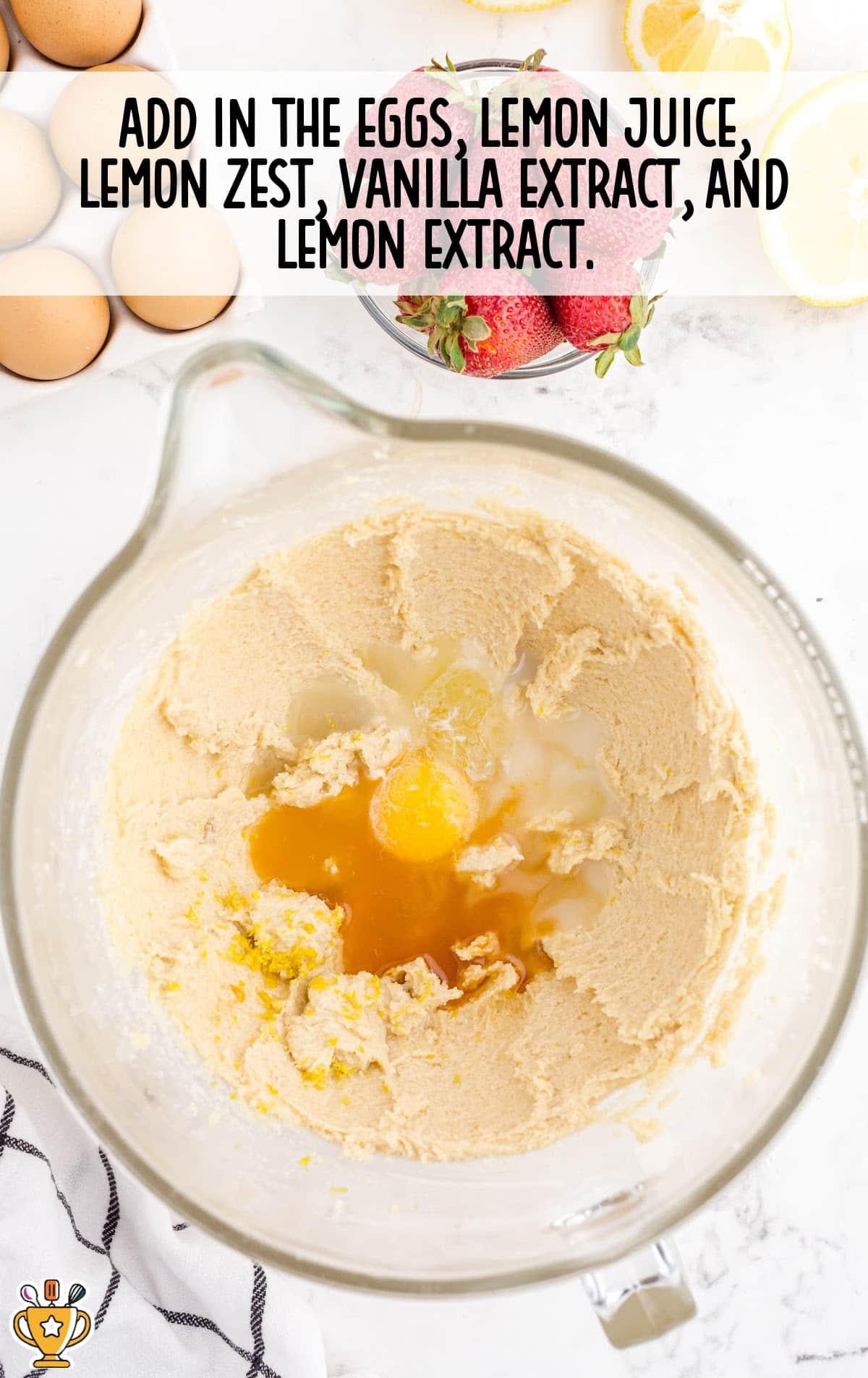 eggs, lemon juice, lemon zest, vanilla extract and lemon extract added in a bowl