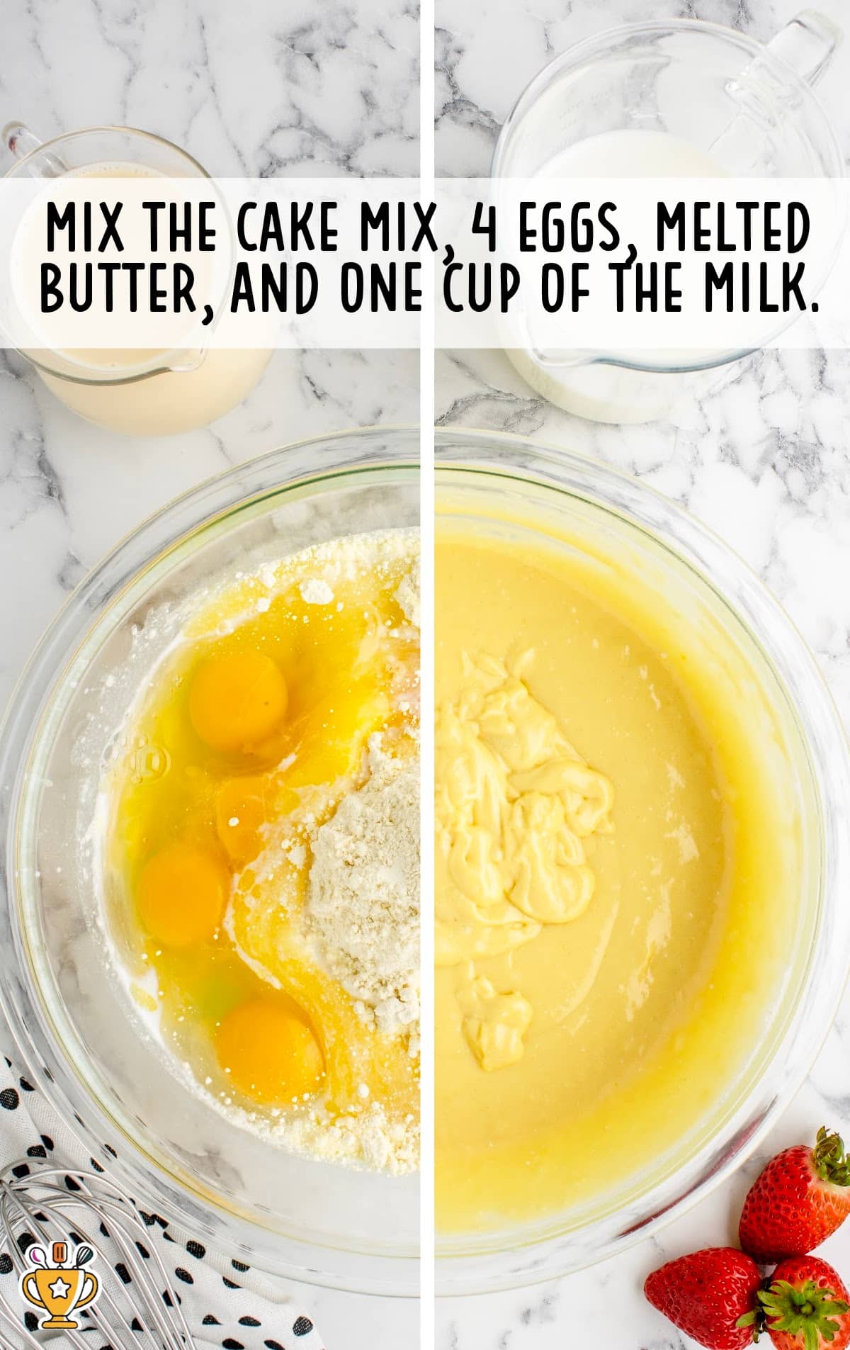 cake mix, eggs, melted butter and milk mixed in a bowl