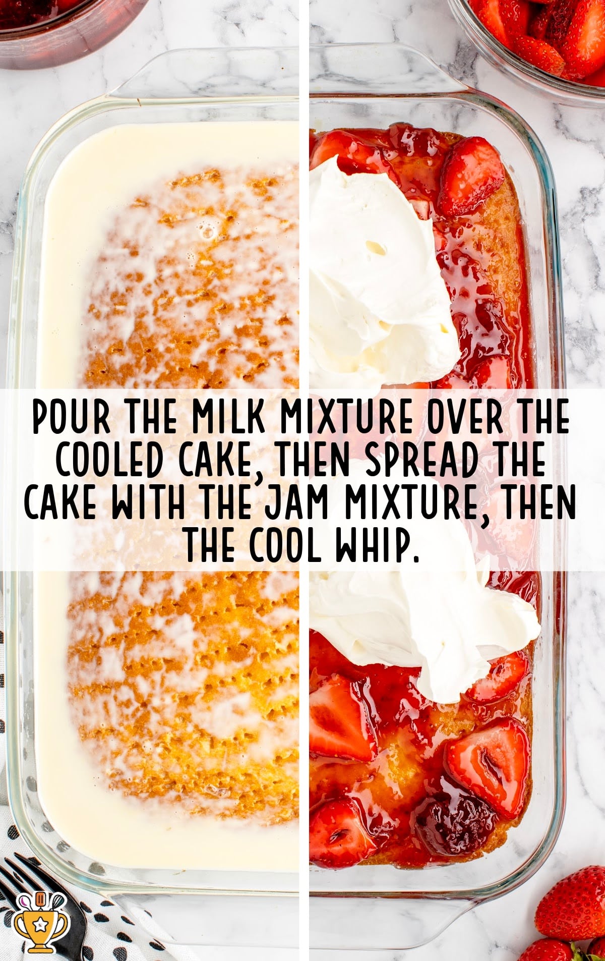 Strawberry Tres Leches Cake in a baking pan